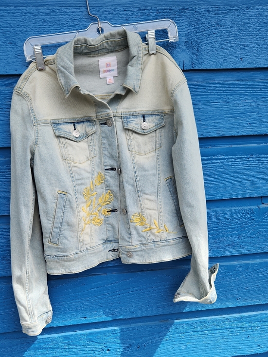 LuLaRoe Jackets & Blazers - LuLaRoe Light Wash Denim Jacket with Yellow Floral Accents